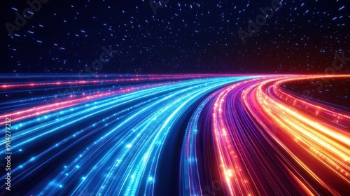 Abstract digital background with colorful light trails and stars.