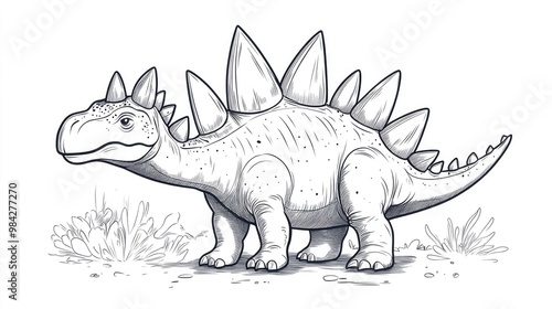 Line art illustration of a Stegosaurus dinosaur for kids to connect the dots and color photo