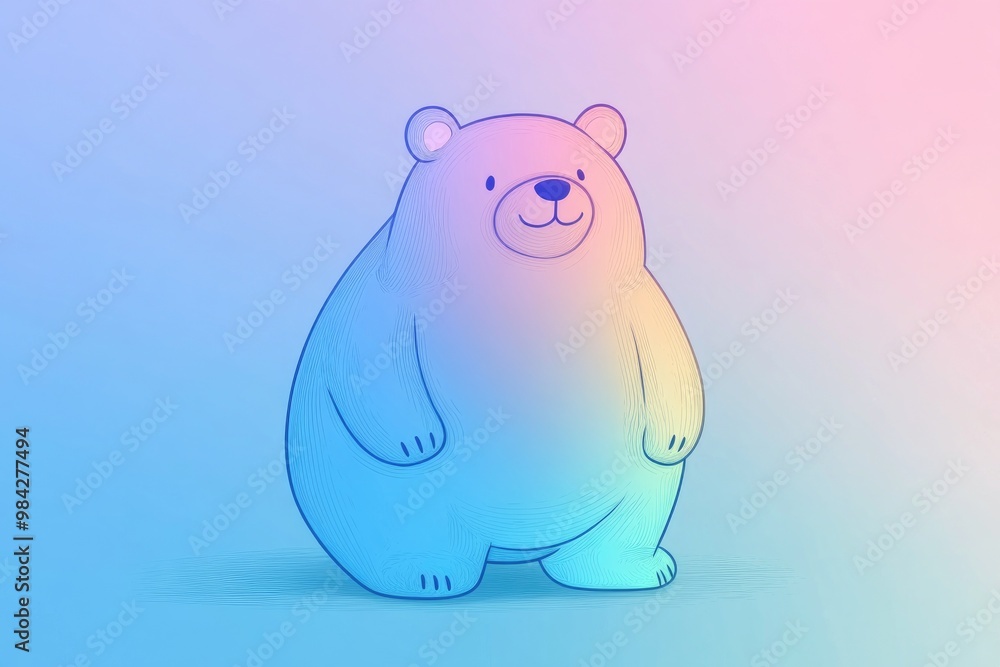 Line art illustration featuring a cold gradient drawing of a cheerful bear in a cartoon style Line art illustration featuring a cold gradient drawing of a cheerful bear in a cartoon style
