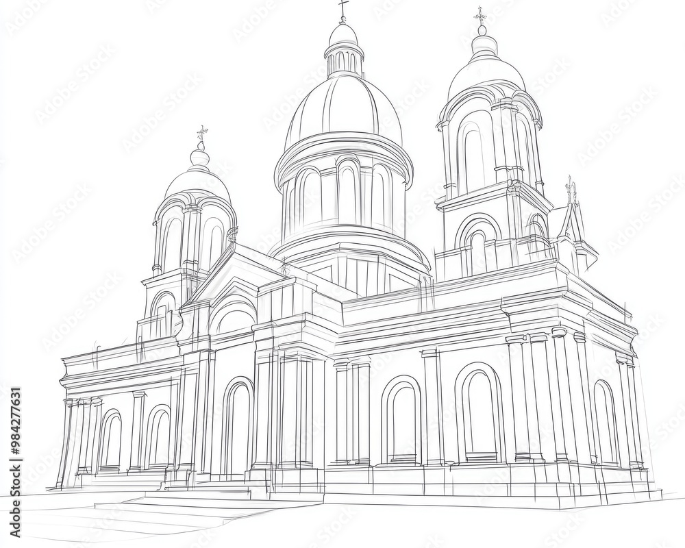 Line art illustration of a religious structure in a sketched style Line art illustration of a religious structure in a sketched style