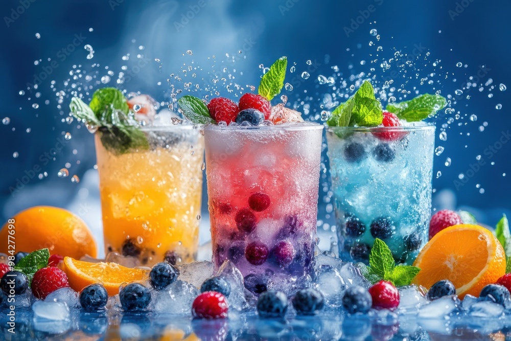 Three bubble tea drinks with popping colors, surrounded by ice, fresh fruits like berries Three bubble tea drinks with popping colors, surrounded by ice, fresh fruits like berries