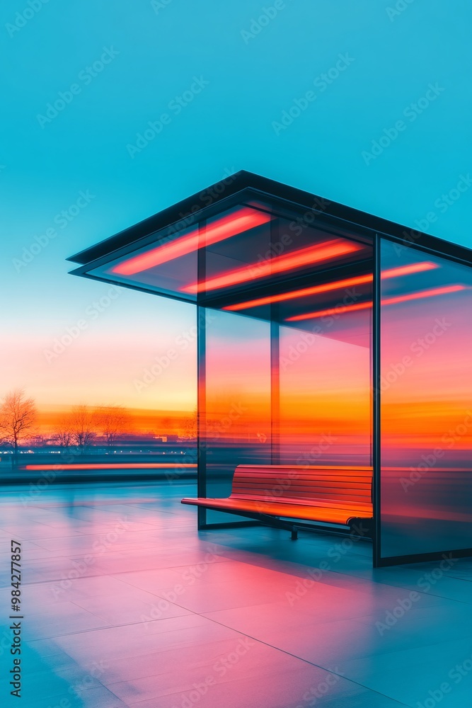 Fototapeta premium A Modern and Artistic Bus Stop Captured Against a Vibrant Sunset Sky