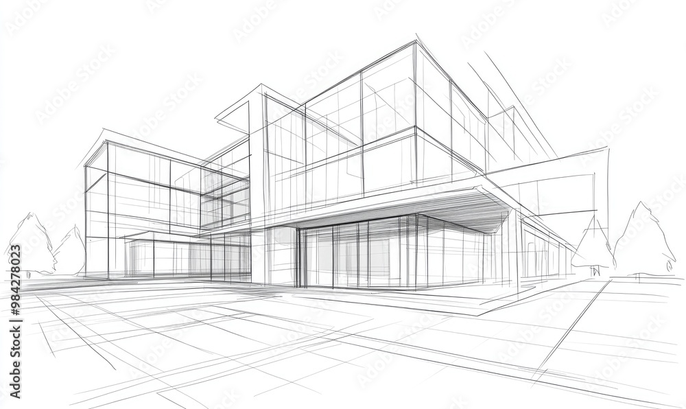 Line art illustration of contemporary architectural design featuring 3D elements Line art illustration of contemporary architectural design featuring 3D elements