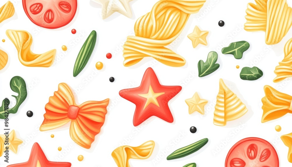 Colorful star shaped pasta and vegetables illustration on a white background Colorful star shaped pasta and vegetables illustration on a white background