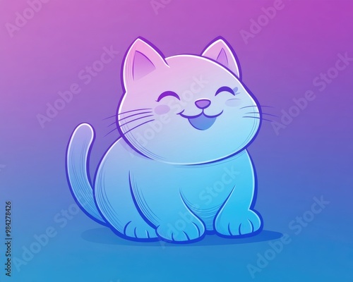 Line art illustration featuring a cold gradient design of a cheerful cartoon cat