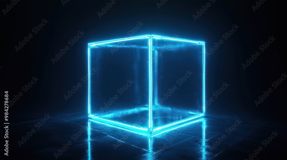 A glowing blue neon cube in a dark room with a reflective floor. A glowing blue neon cube in a dark room with a reflective floor.