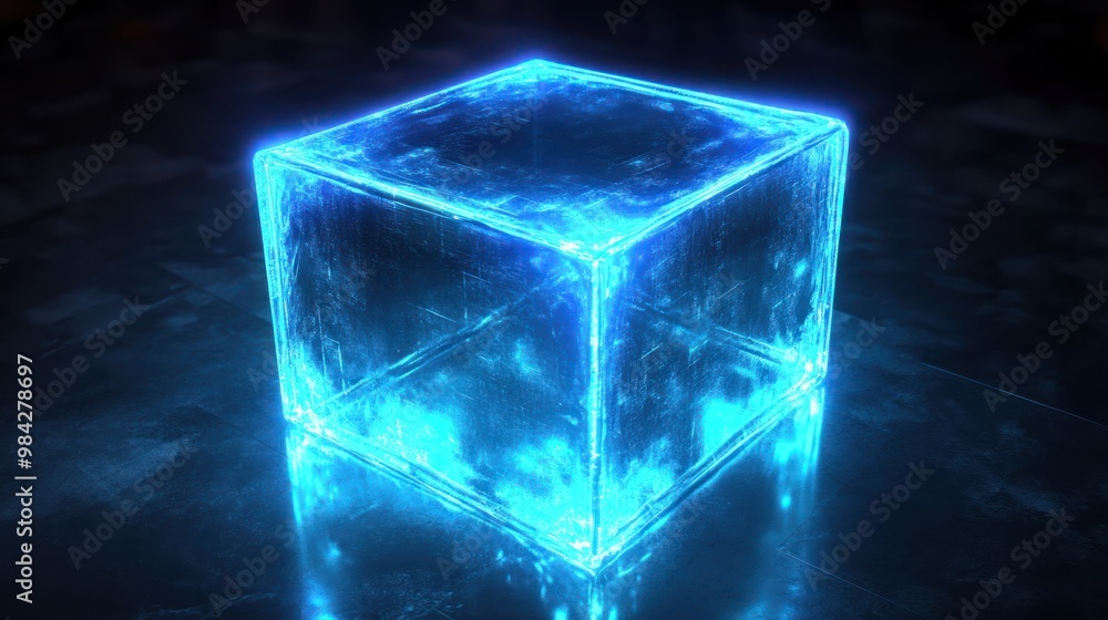 A glowing blue cube with a reflective surface on a dark background. A glowing blue cube with a reflective surface on a dark background.