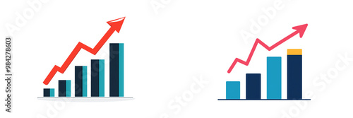 Set of a flat-color vector art of an upward arrow pointing up, next to a blue bar graph with growing red lines, isolated on transparent background. 