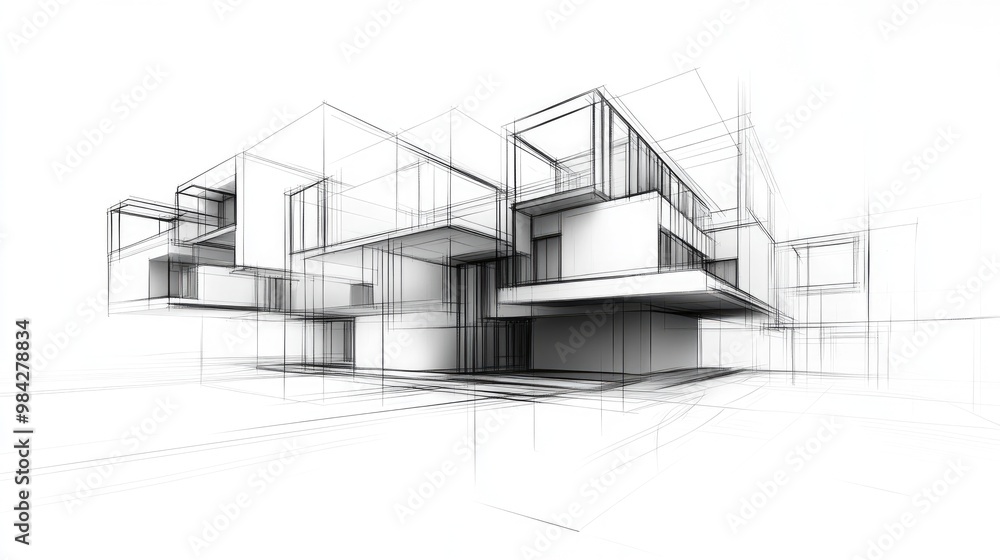 Line art depiction of contemporary modular architecture with a focus on an abstract facade in a three dimensional illustration Line art depiction of contemporary modular architecture with a focus on an abstract facade in a three dimensional illustration
