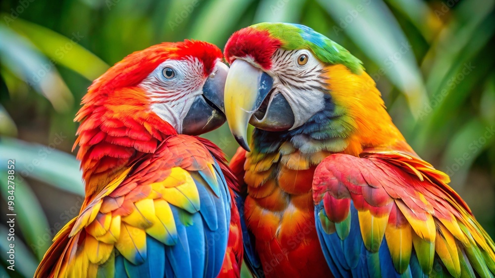 A pair of parrots cuddling or preening each other. A pair of parrots cuddling or preening each other.
