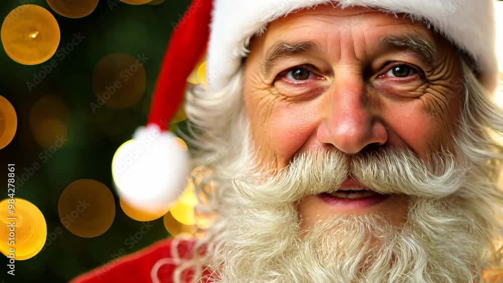 portrait of a smiling Santa Claus with a fluffy white beard and red hat, surrounded by glowing festive lights
