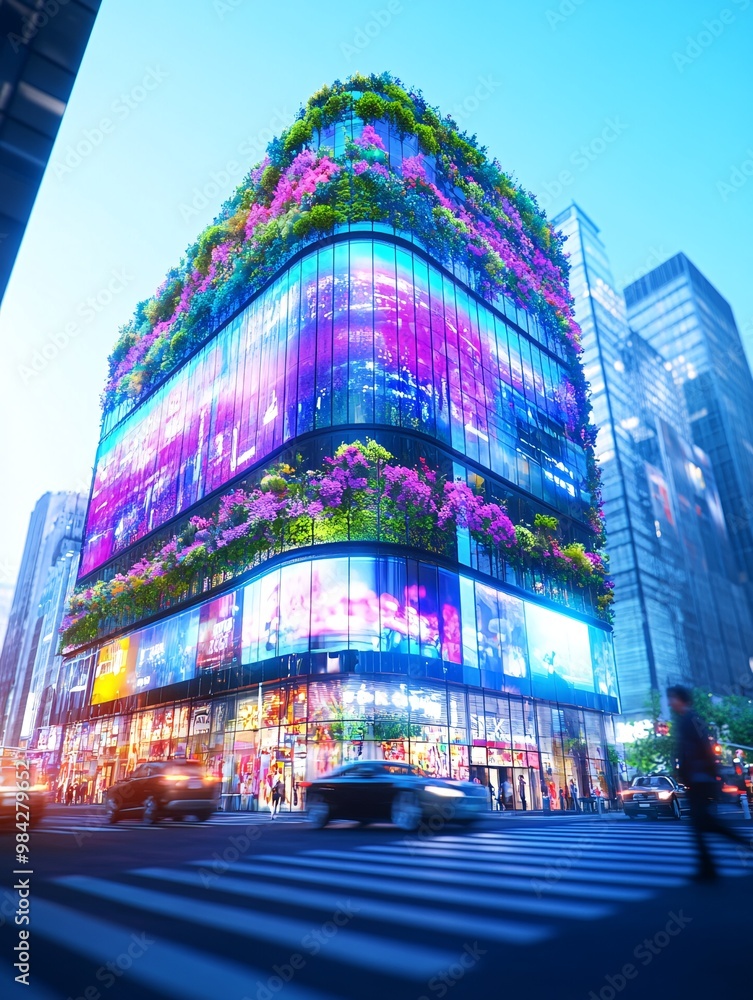 Obraz premium Spectacular Eco-Friendly Building with Vertical Garden and Illuminated Screens