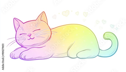 Whimsical line art illustration featuring a rainbow gradient of a playful cartoon cat