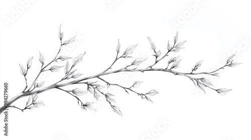 Line art illustration depicting a Willow tree branch part of the Salix genus showcasing a range from small shrubs to tall trees