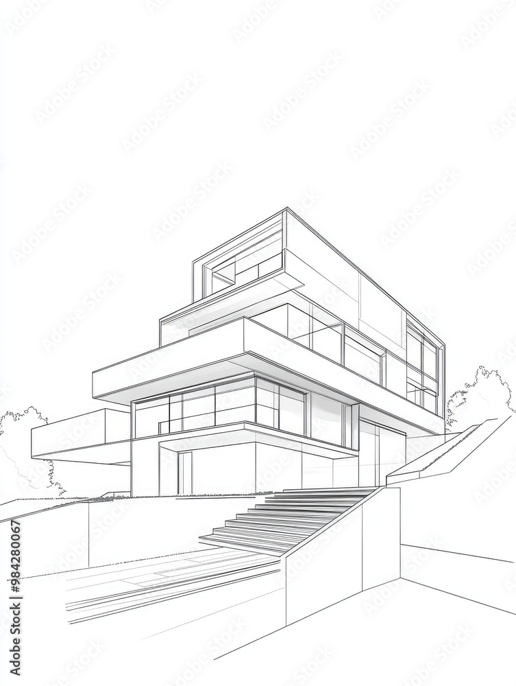 Line art illustration showcasing a contemporary architectural design in 3D Line art illustration showcasing a contemporary architectural design in 3D