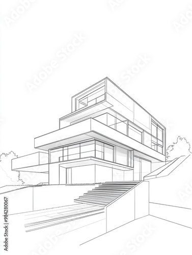 Line art illustration showcasing a contemporary architectural design in 3D