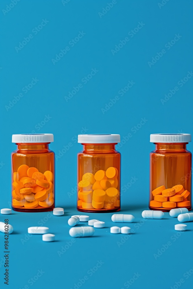 Three bottles of pills are on a blue background. The pills are orange and white. The bottles are arranged in a row Three bottles of pills are on a blue background. The pills are orange and white. The bottles are arranged in a row