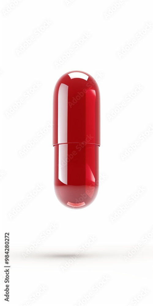 A red pill is shown in the air with a white background. The pill is the only object in the image A red pill is shown in the air with a white background. The pill is the only object in the image