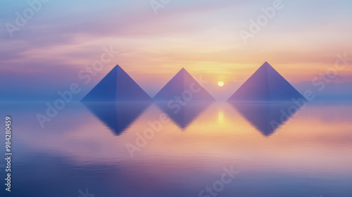 A surreal depiction of the pyramids reflecting in a tranquil lake during a picturesque sunset, blending history with a dreamy atmosphere.