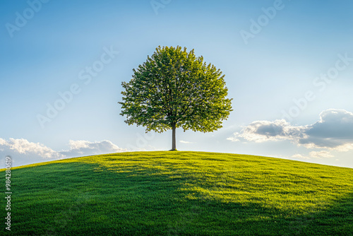 A vibrant landscape featuring a solitary tree standing on a rolling grassy hill under a bright blue sky filled with scattered white clouds. photo