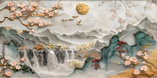 Traditional Asian Mountainous Landscape Painting