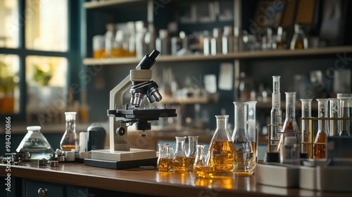 A close-up view of a microscope and beakers filled with colorful liquids in a laboratory.