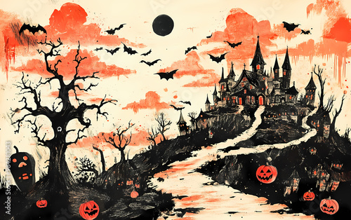 Spooky village with crooked houses and eerie trees under a blood-red sky, flying bats, and dark horror atmosphere in a gothic-styled illustration photo