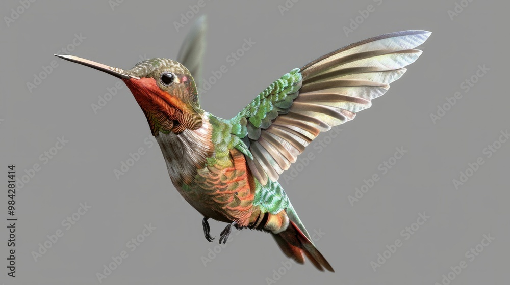 Fototapeta premium Colorful hummingbird in mid flight, showcasing vivid feathers against a soft gray background Elegant wings spread wide capture the essence of nature s beauty and grace