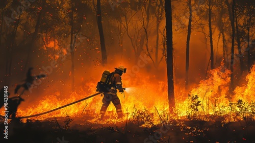 A firefighter fighting a natural disaster. The concept of fighting a forest fire photo