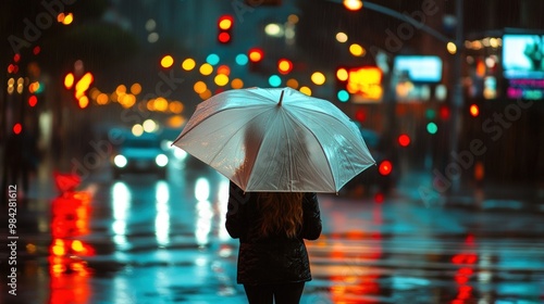 Wallpaper Mural A woman with an umbrella walking in the rain on a busy city street at night. The street is lit with neon lights and the woman is silhouetted against the lights. Torontodigital.ca
