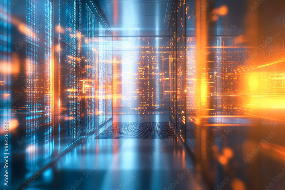 Fototapeta premium A modern server room with brightly lit blue and orange hues reflecting on sleek surfaces, emphasizing data and technology themes.