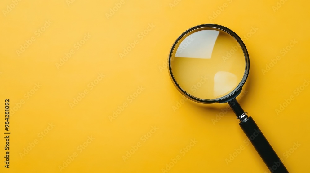 A magnifying glass on a yellow background, viewed from above. A magnifying glass on a yellow background, viewed from above.