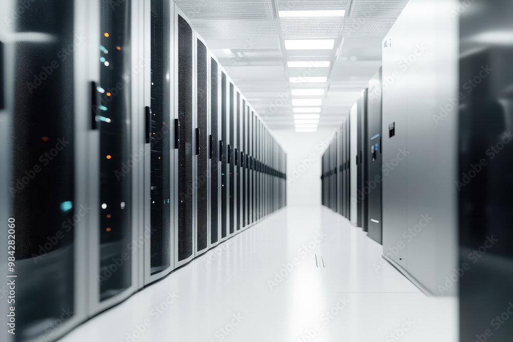 A sleek white server room with a clean design featuring rows of servers, highlighting technology, data security, and modern efficiency. A sleek white server room with a clean design featuring rows of servers, highlighting technology, data security, and modern efficiency.