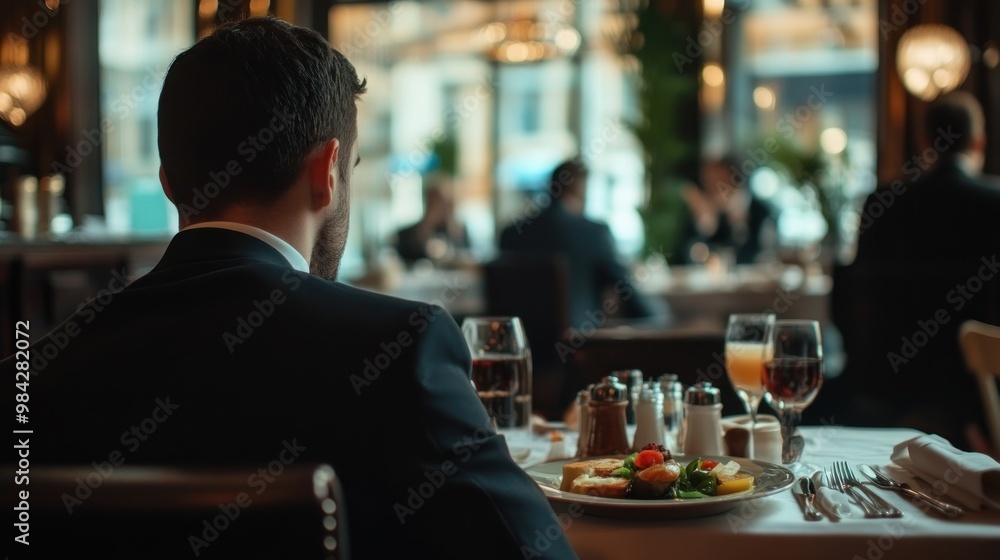 A man in a suit sits at a table in a restaurant, looking out the window. A man in a suit sits at a table in a restaurant, looking out the window.