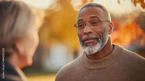 Senior Couple Enjoying Conversation Outdoors in Autumn Park During Sunset