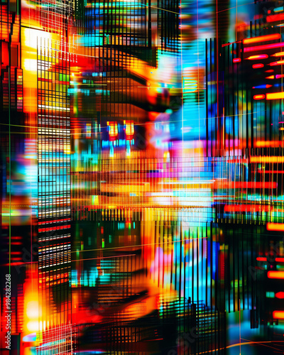 Vibrant abstract patterns create mesmerizing visual experience, showcasing blend of colors and light. intricate grid design adds depth and complexity to composition, evoking sense of energy and moveme photo