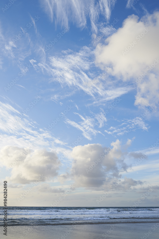 Obraz premium Beach, shoreline or tourism with clouds, sky or paradise for vacation or environment to relax. Brazil, outdoor nature or scenic view of island, sea and ocean in Rio de Janeiro for travel destination