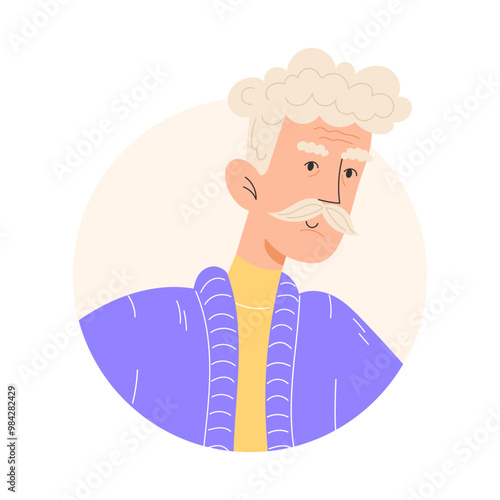 User icon with elderly man with gray hair and mustache in flat style