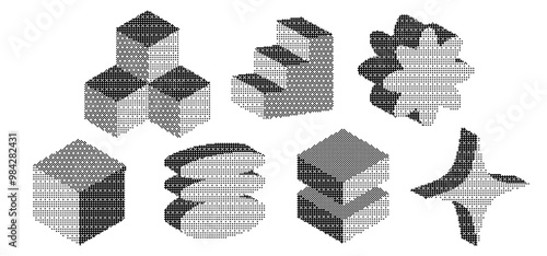 Set of bitmap pixelated volumetric geometric figures. Retro halftone colorful shapes. Colorful Geometric Block flat y2k
