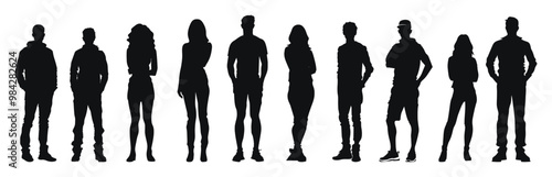 Diverse standing people in various postures, vector illustration. Black and white collection of human silhouettes representing different body types and stances.