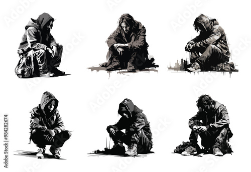 Homeless seated pensive person in various poses, vector illustration. Black and white set depictions of a man in winter clothing with hood and beanie.