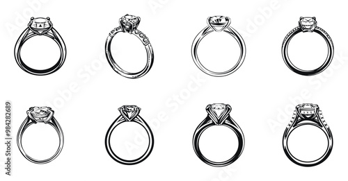 Set of diamond engagement rings in various designs, vector illustration. Black and white collection of jewelry showcasing different perspectives and settings.