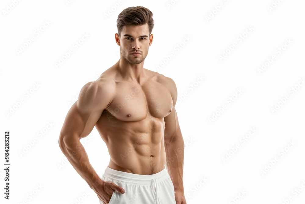 Fototapeta premium A man with a muscular body is posing for a picture. He is wearing white shorts and a white shirt. Concept of confidence and strength, as the man's muscular physique is emphasized