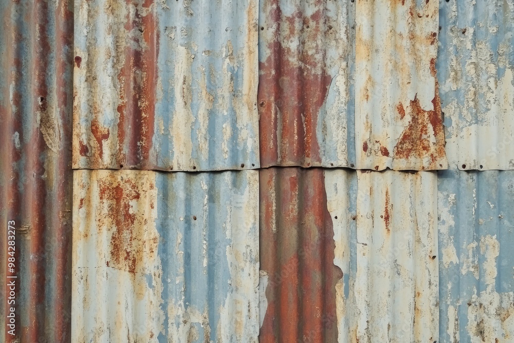 Corrugated metal texture with rust stains and weathered surfaces Corrugated metal texture with rust stains and weathered surfaces