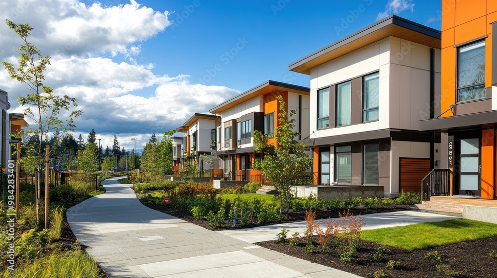 A paved walkway winds through a modern suburban neighborhood with lush landscaping and vibrant architecture under a clear blue sky. A paved walkway winds through a modern suburban neighborhood with lush landscaping and vibrant architecture under a clear blue sky.