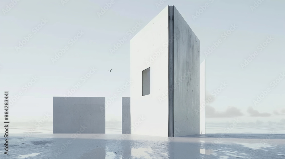 Minimal architectural structure in serene landscape, featuring simple geometric forms and calm atmosphere. clean lines and muted colors evoke sense of tranquility and modernity Minimal architectural structure in serene landscape, featuring simple geometric forms and calm atmosphere. clean lines and muted colors evoke sense of tranquility and modernity