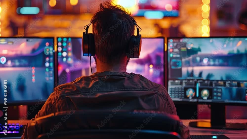 A gamer is focused on a thrilling gaming session, surrounded by multiple monitors displaying colorful graphics in a brightly lit room, wearing headphones. A gamer is focused on a thrilling gaming session, surrounded by multiple monitors displaying colorful graphics in a brightly lit room, wearing headphones.