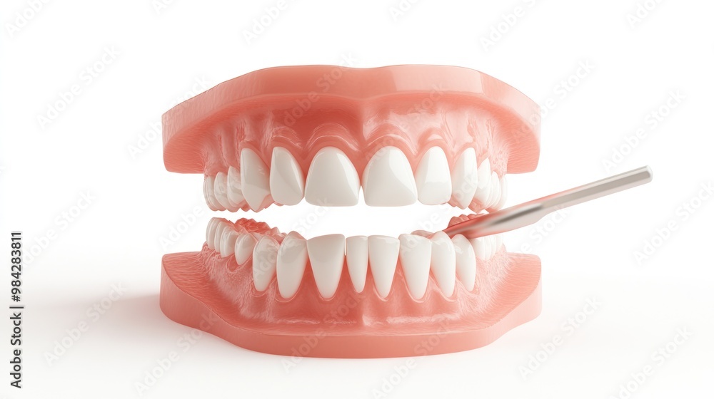 Fototapeta premium Model of human teeth with detachable upper and lower jaws, used for dental demonstrations or education, isolated on a white background.