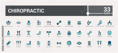 Chiropractic icon set. Colorful icons collection, line icons for web and ui. Vector illustration. Icon names are written in English.