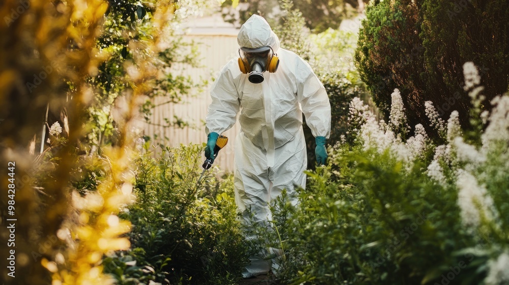 A person in a protective suit and mask sprays a garden with pesticide. A person in a protective suit and mask sprays a garden with pesticide.
